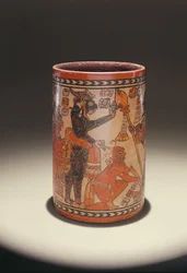 Vessel depicting a priest blessing a warrior